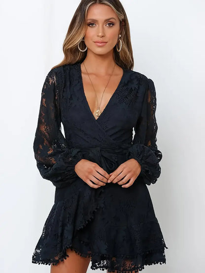 Lace V-neck Ruffle Dress