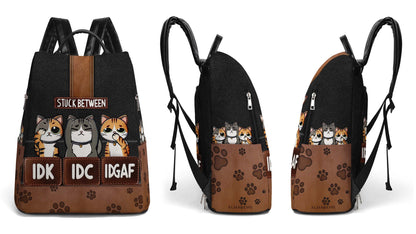 Stuck Between IDK, IDC & IDGAF - Personalized Custom Leather BackPack - BP_CAT04