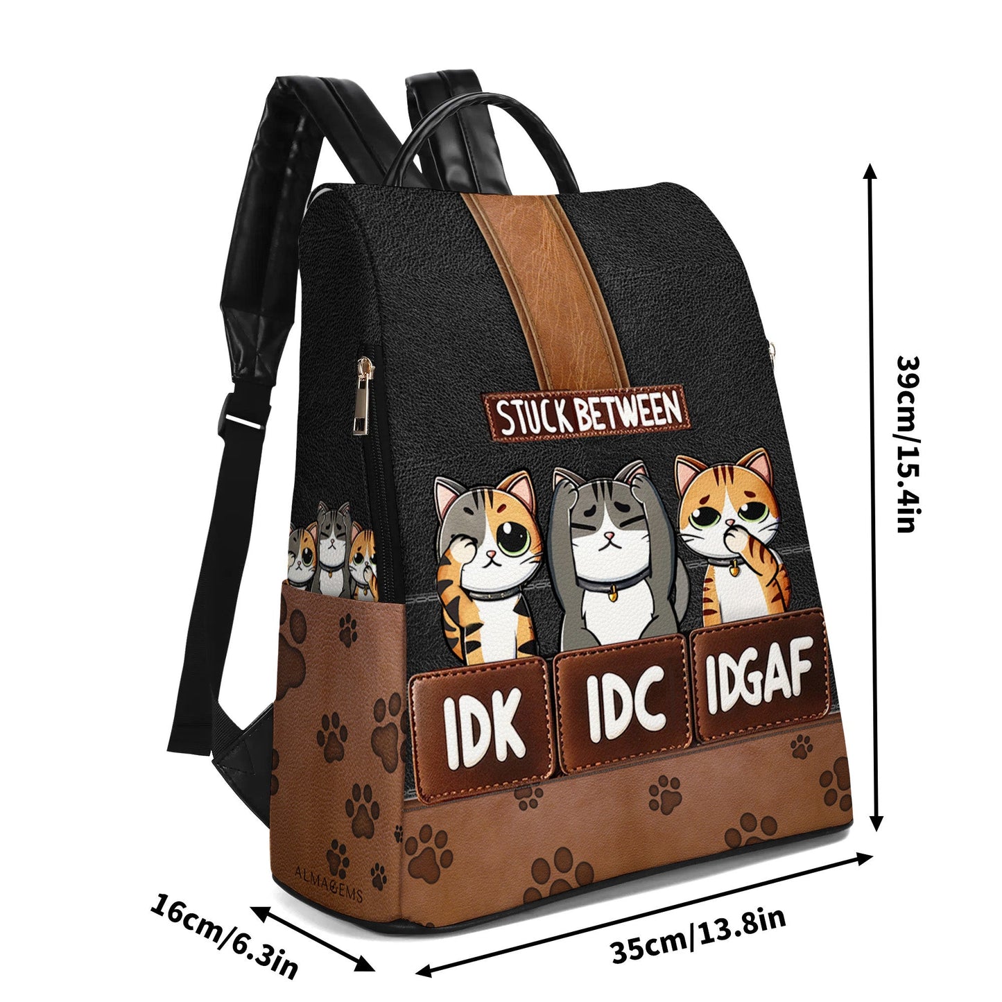 Stuck Between IDK, IDC & IDGAF - Personalized Custom Leather BackPack - BP_CAT04