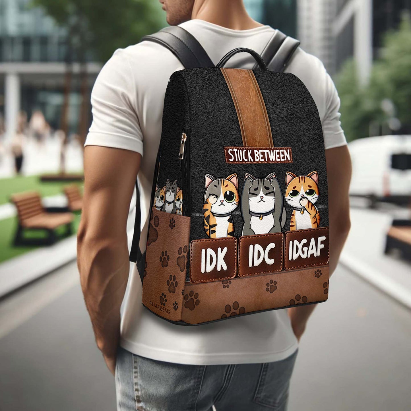 Stuck Between IDK, IDC & IDGAF - Personalized Custom Leather BackPack - BP_CAT04