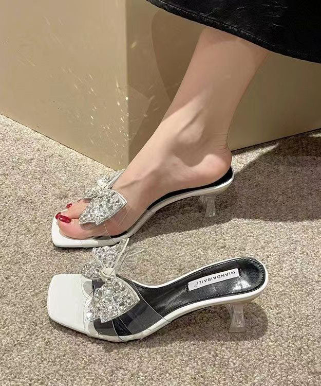 Beautiful Bow Zircon Splicing Chunky Heel Black Slide Sandals