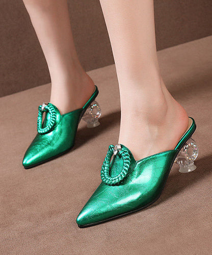 Beautiful Pointed Toe Chunky Clear Heels Green Cowhide Leather Slide Sandals