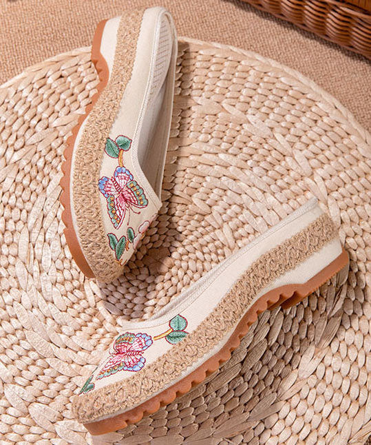 Beige Butterfly Embroidered Splicing Linen Fabric Slide Sandals Women