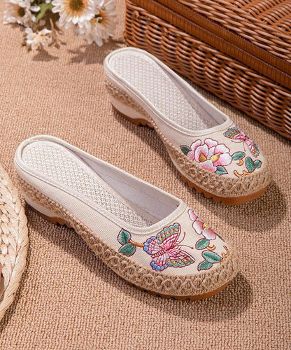 Beige Butterfly Embroidered Splicing Linen Fabric Slide Sandals Women