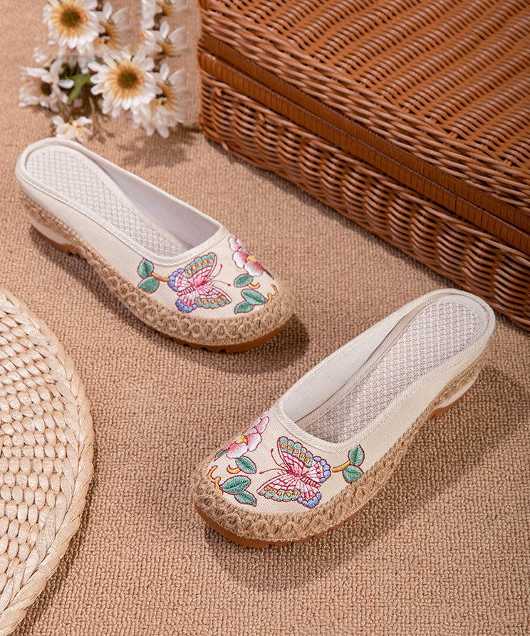 Beige Butterfly Embroidered Splicing Linen Fabric Slide Sandals Women