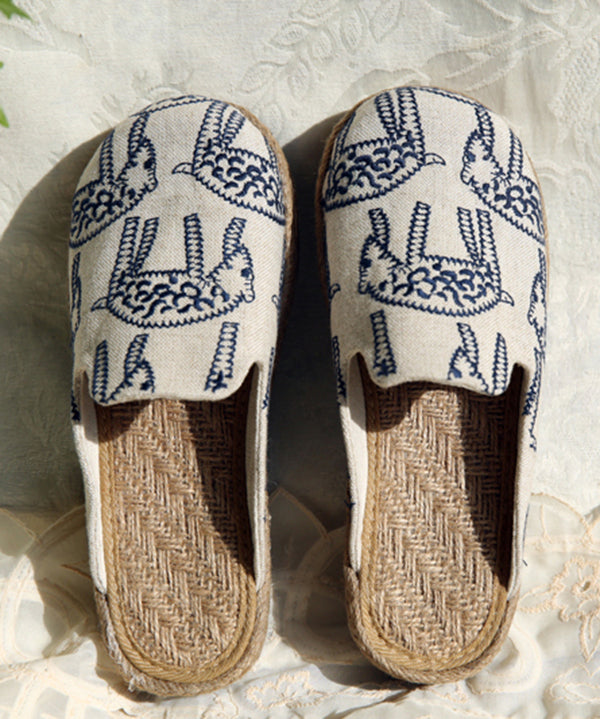 Beige Cotton Fabric Comfy Embroidered Slide Sandals