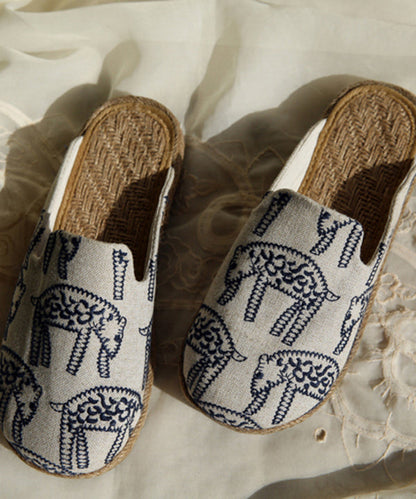 Beige Cotton Fabric Comfy Embroidered Slide Sandals