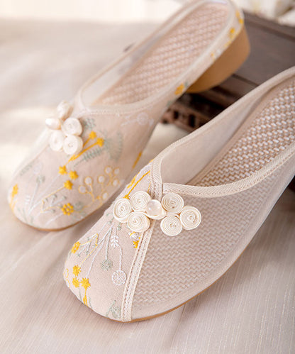 Beige Embroidered Slide Sandals Women Tulle Boho Splicing