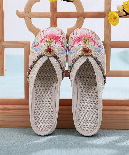 Beige Linen Tassel Embroidery Women Splicing Flat Slide Sandals