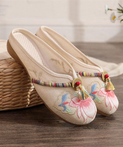 Beige Linen Tassel Embroidery Women Splicing Flat Slide Sandals