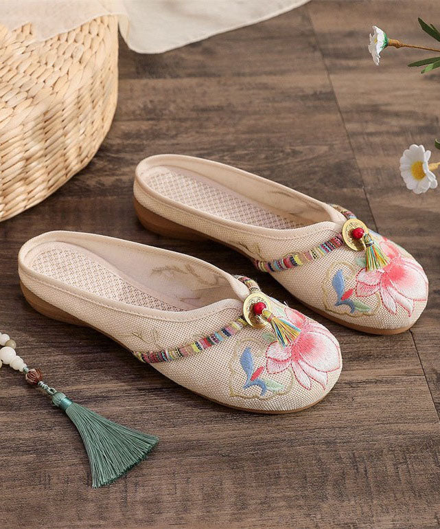 Beige Linen Tassel Embroidery Women Splicing Flat Slide Sandals