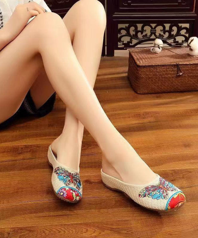 Beige Slide Sandals Linen Fabric Classy Splicing Butterfly Embroidered