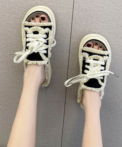 Black Platform Canvas Casual Splicing Slide Sandals Lace Up