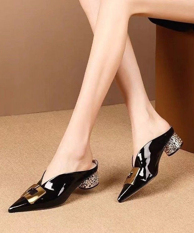 Black Sequined Splicing Pointed Toe Chunky Slide Sandals