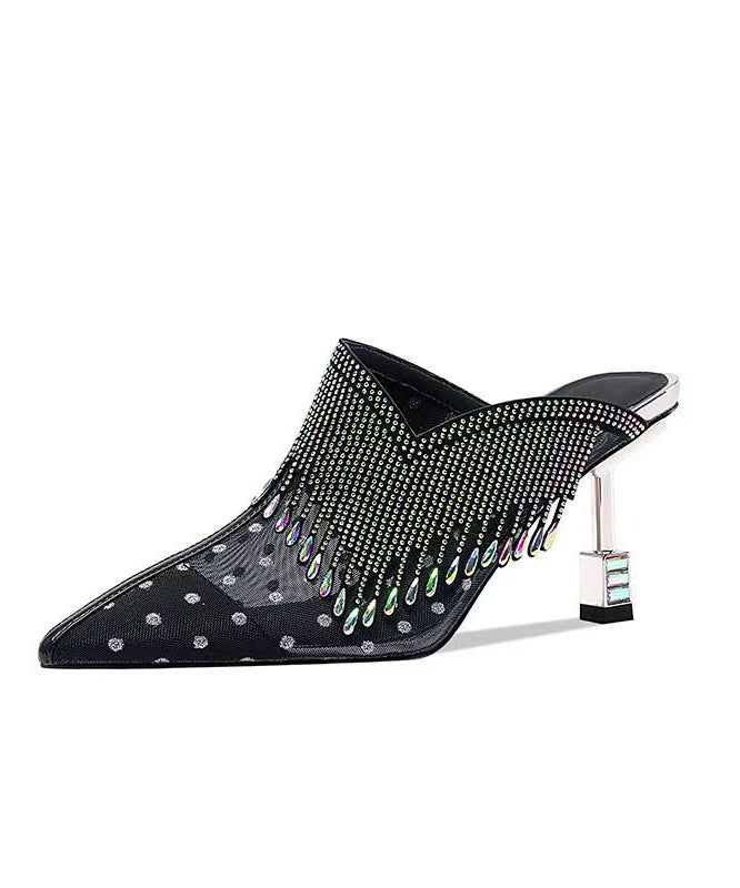 Black Tulle Zircon Tassel Slide Sandals Fashion Pointed Toe