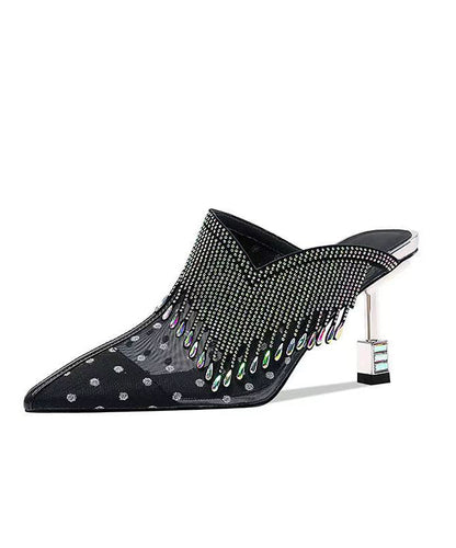 Black Tulle Zircon Tassel Slide Sandals Fashion Pointed Toe