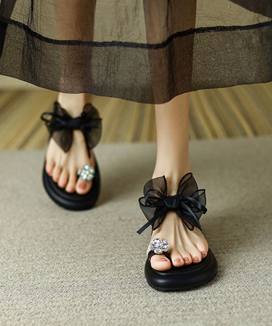 Black Zircon Tulle Bow Comfortable Splicing Slide Sandals