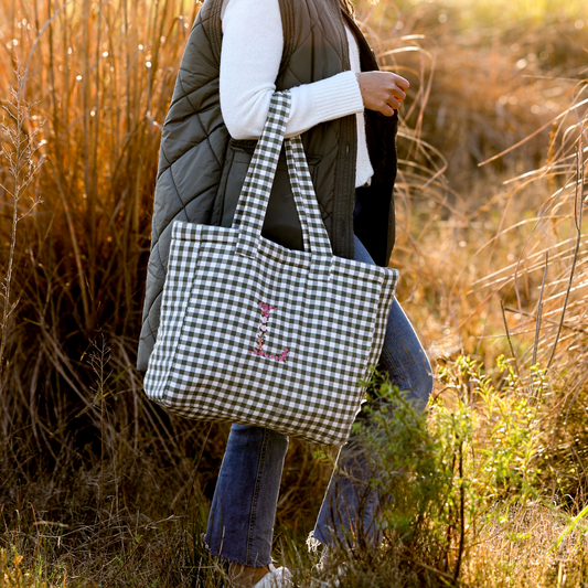 Gingham Khaki Blumen Tasche