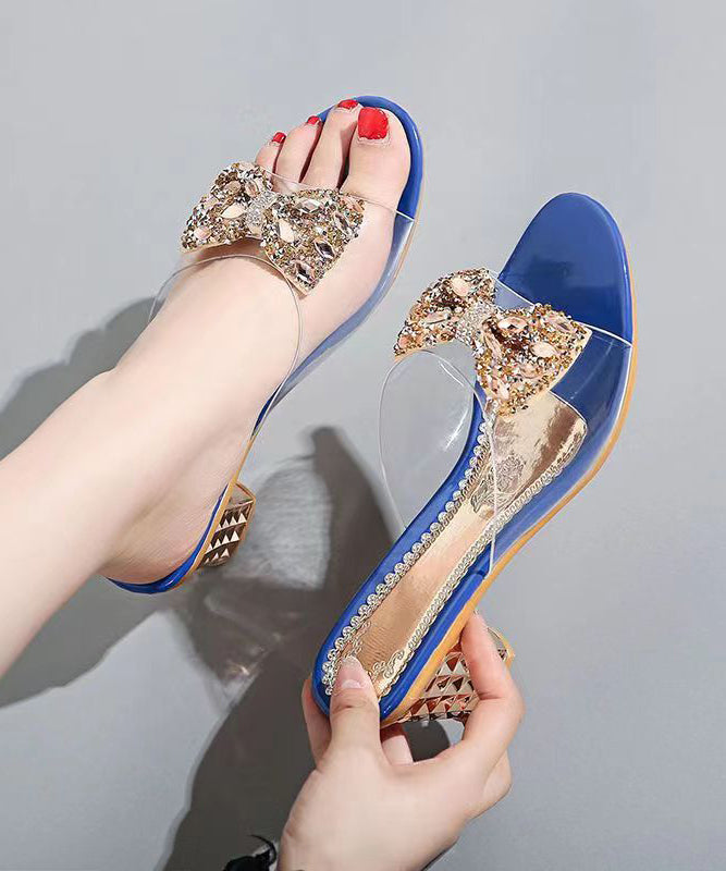 Blue Slide Sandals Chunky Stylish Splicing Zircon Bow