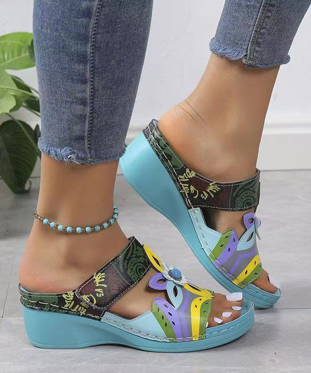 Bohemian Peacock Blue Hollow Out Splicing Wedge Slide Sandals