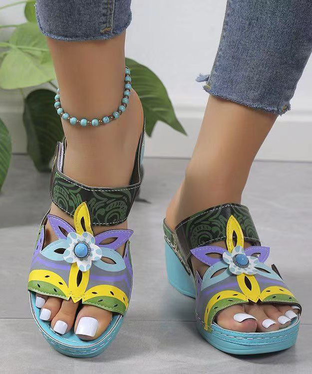 Bohemian Peacock Blue Hollow Out Splicing Wedge Slide Sandals