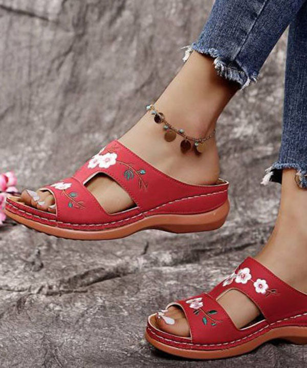 Bohemian Red Embroidered Faux Leather Splicing Wedge Slide Sandals