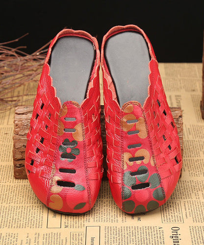 Boho Hollow Out Splicing Red Cowhide Leather Slide Sandals