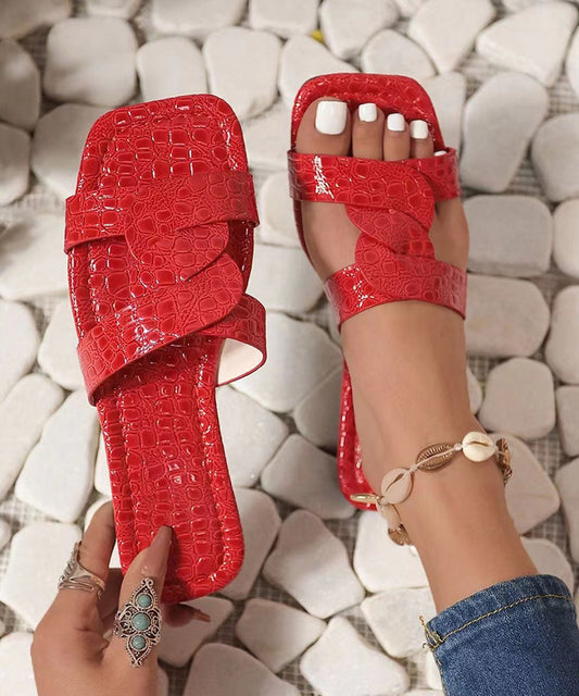 Boho Red Plus Size Faux Leather Slide Sandals Peep Toe