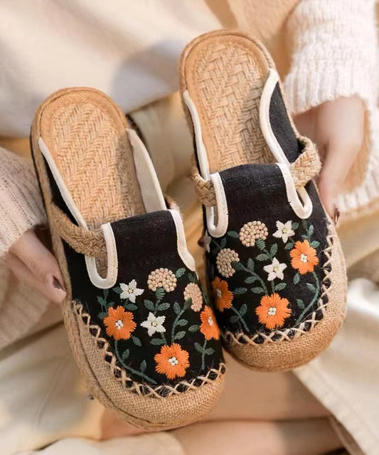 Boho Retro Black Linen Fabric Embroidery Slide Sandals