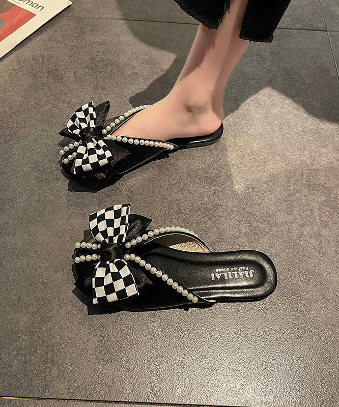 Boho Slide Sandals Black Splicing Plaid Bow Nail Bead