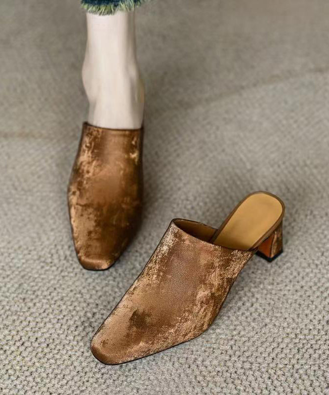 Boutique French Satin Chunky Heel Brown Slide Sandals