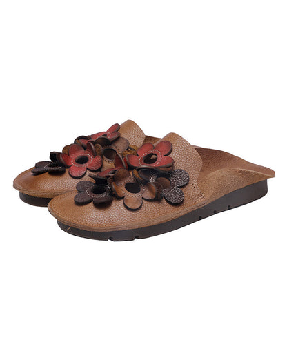 Brown Cowhide Leather Soft Splicing Hollow Out Floral Slide Sandals