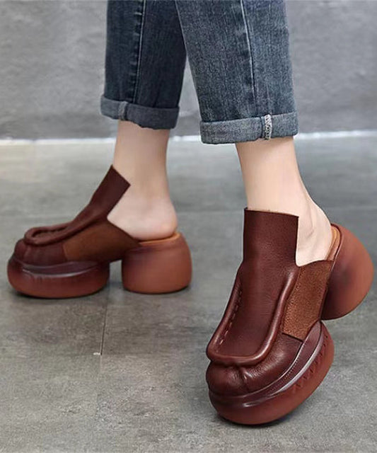 Brown Retro Splicing Cowhide Leather Platform Slide Sandals