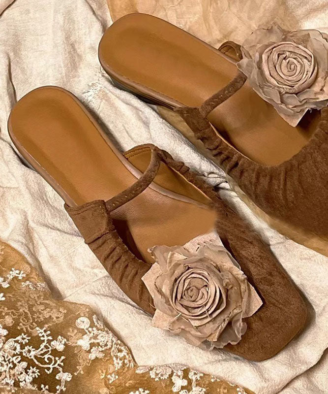 Brown Slide Sandals Splicing Beautiful Floral Wrinkled