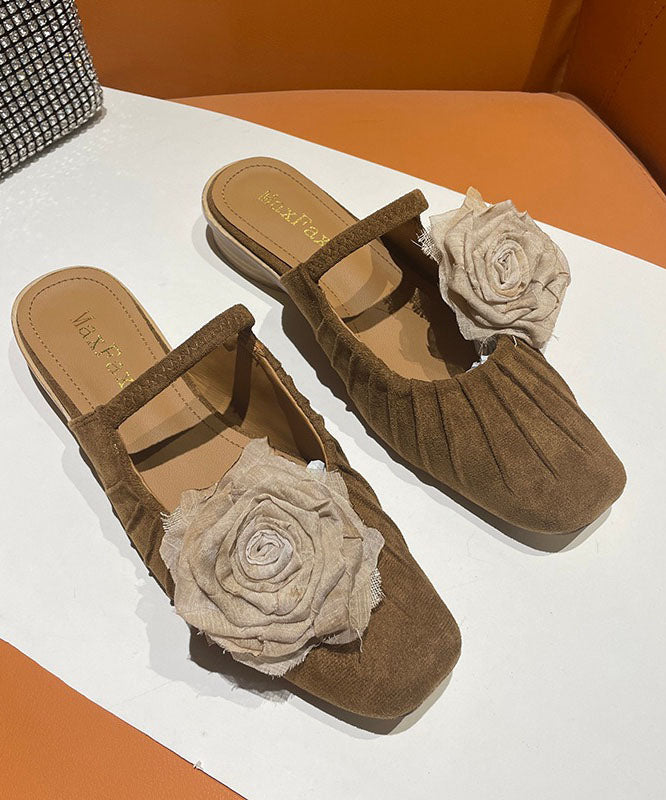 Brown Slide Sandals Splicing Beautiful Floral Wrinkled