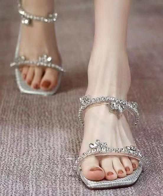 Chic Silver Zircon Peep Toe Chunky Heel Slide Sandals