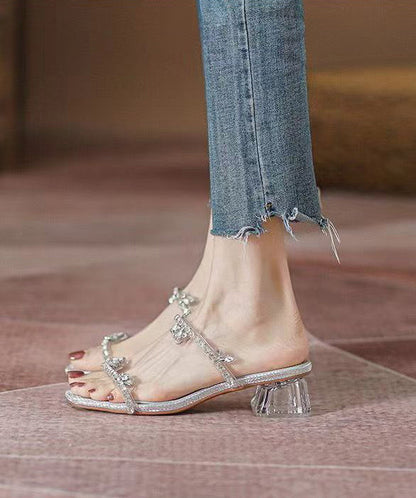 Chic Silver Zircon Peep Toe Chunky Heel Slide Sandals