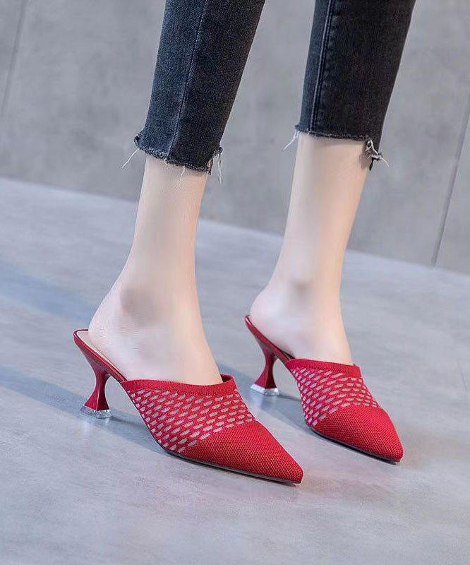 Classy Splicing High Heel Slide Sandals Red Knit Fabric Pointed Toe