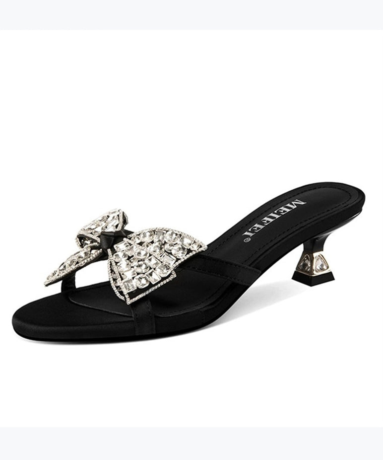 Comfy Splicing Black High Heel Slide Sandals Zircon Bow