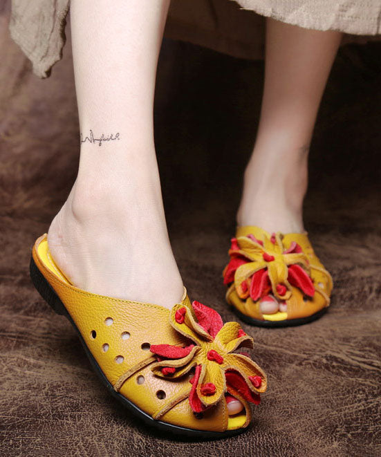 Cowhide Leather Yellow Flat Slide Sandals Splicing Hollow Out Floral