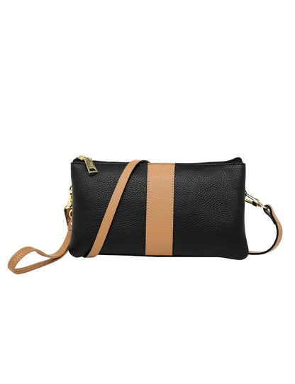 CANDICE LEATHER WALLET WITH SHOULDER STRAP- BLACK/CAMEL