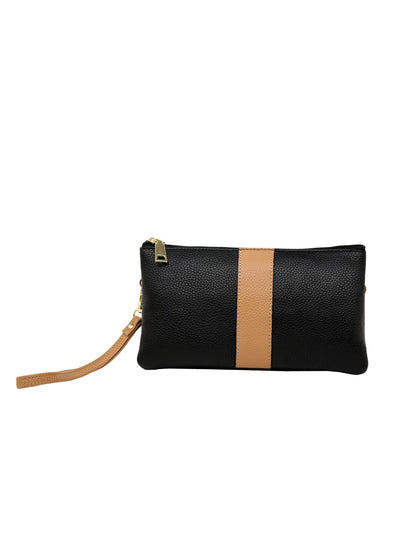 CANDICE LEATHER WALLET WITH SHOULDER STRAP- BLACK/CAMEL