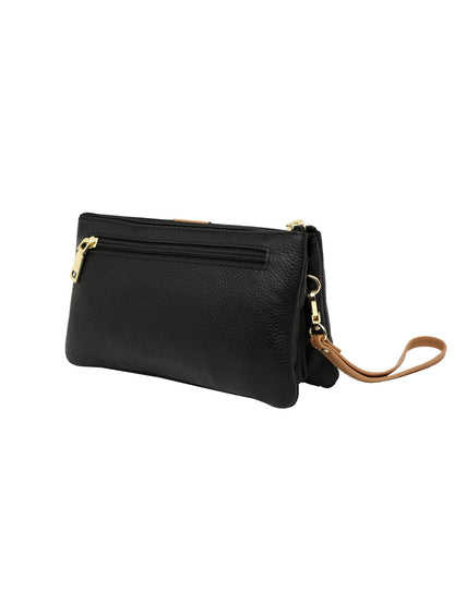 CANDICE LEATHER WALLET WITH SHOULDER STRAP- BLACK/CAMEL