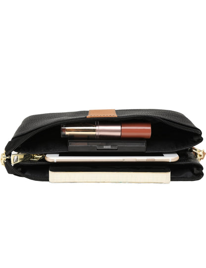 CANDICE LEATHER WALLET WITH SHOULDER STRAP- BLACK/CAMEL