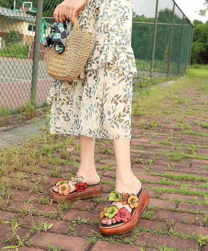 Elegant Wedge Orange Cowhide Leather Slide Sandals