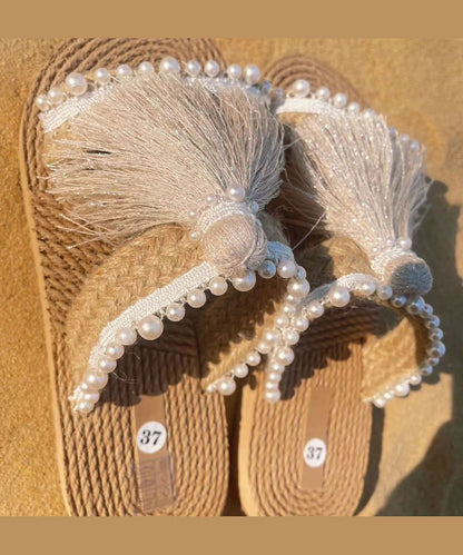 Ethnic Style Tassel Grass Woven Beach Flat Slide Sandals