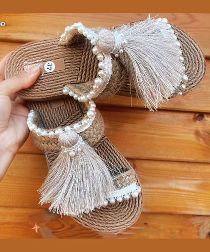 Ethnic Style Tassel Grass Woven Beach Flat Slide Sandals