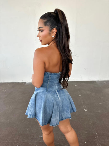 The Lover Denim Romper Dress