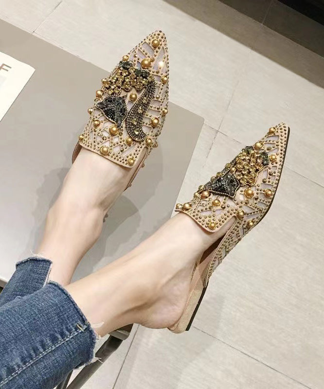 Fashion Apricot Zircon Nail Bead Pointed Toe Slide Sandals