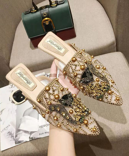 Fashion Apricot Zircon Nail Bead Pointed Toe Slide Sandals